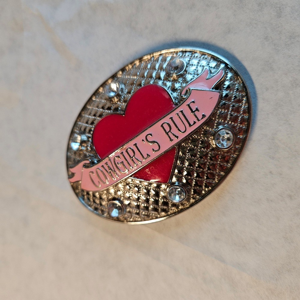 Nocona Cowgirls Rule Y2K Belt Buckle Silver Red Heart Pink Banner Rhinestone - Picture 3 of 6